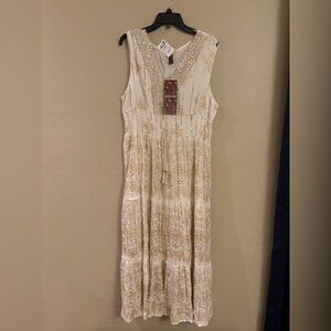 Boho Embroidered Maxi Dress in Cream and Gold